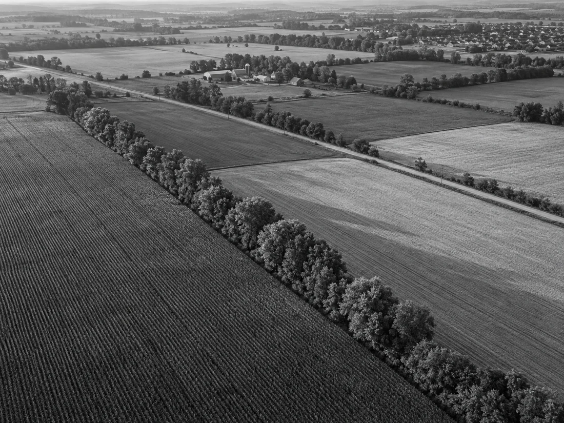 Aerial view of farmland and development land in Southern Ontario